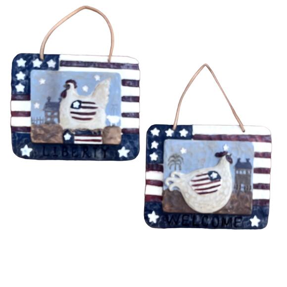 Americana Folk Art Hanging Wall Plaque Home Decor Country Set of 2 Chicken Flag - Picture 1 of 9